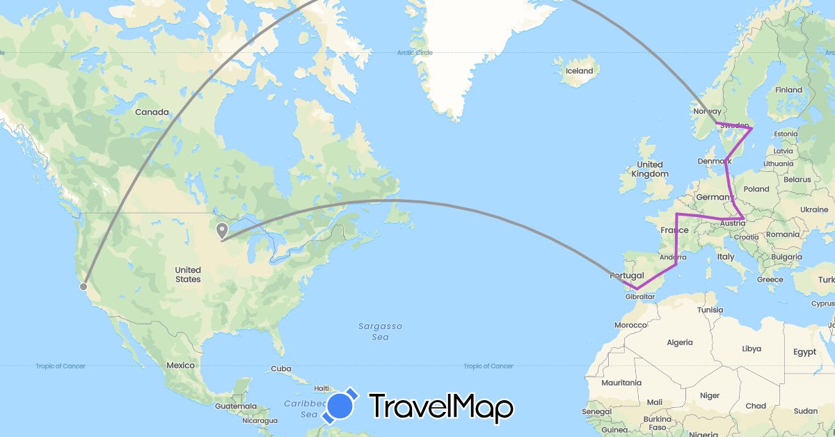 TravelMap itinerary: plane, train in Austria, Czech Republic, Germany, Denmark, Spain, France, Norway, Portugal, Sweden, United States (Europe, North America)